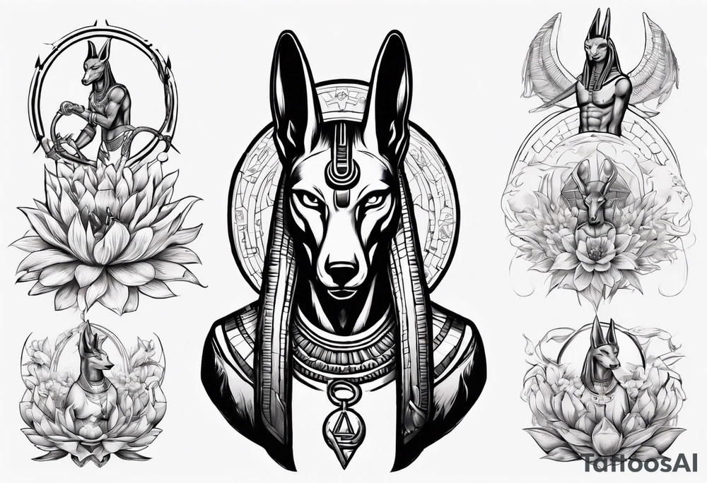 Egyptian god, Anubis surround by snakes with lotus flowers tattoo idea