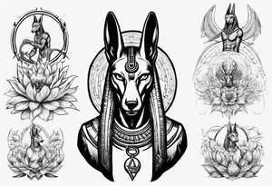 Egyptian god, Anubis surround by snakes with lotus flowers tattoo idea