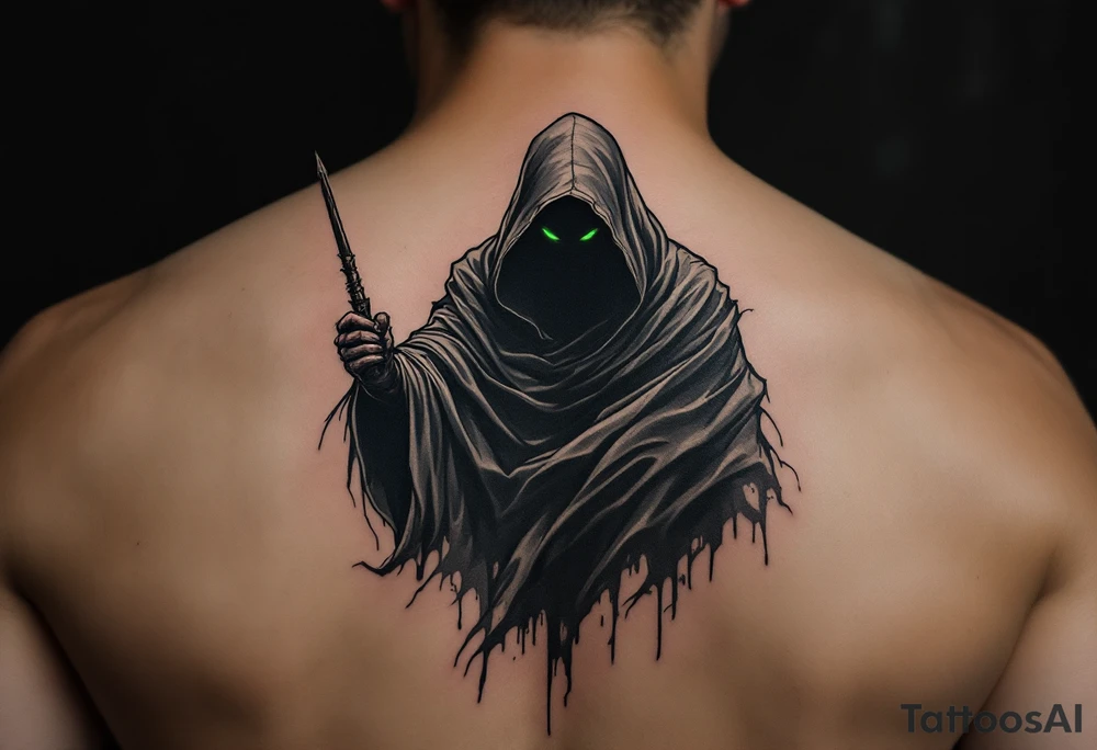 A shadowy figure in a flowing dark cloak, holding a wand in one hand. The figure’s face is obscured by a hood, with only glowing snake eyes visible. Deep black for the cloak, grey for the shading, and green for the glowing snake eyes. tattoo idea