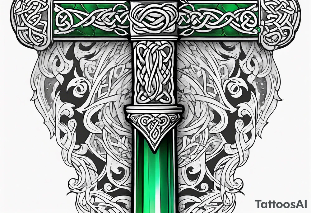 A Celtic dagger with an oak hilt turned upright and emerald gemstones on it tattoo idea