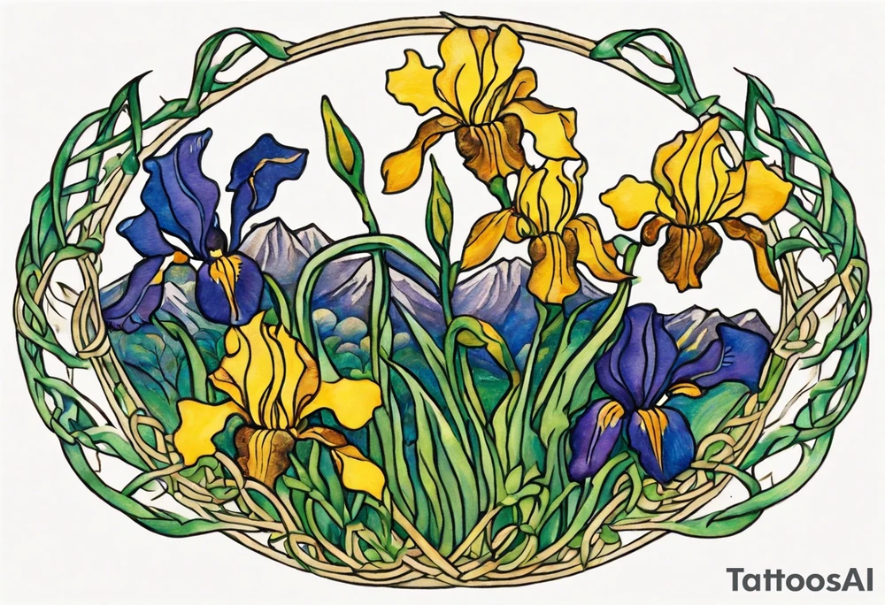 Create a small, delicate colorful Vincent van Gogh Irises tattoo in the form of a crescent, with vines or Celtic knots gracefully intertwining at a central point in the middle of the wreath.  In the middle of the wreath are mountains and other items found in New Mexico. Ensure that the design avoids the appearance of a bush and maintains a more structured and deliberate arrangement. The intended placement is on the upper chest. The overall design should be small in size while maintaining a delicate and artistic aesthetic. Pay attention to the graceful flow of the vines and the placement of the irises to achieve a refined and elegant look. tattoo idea