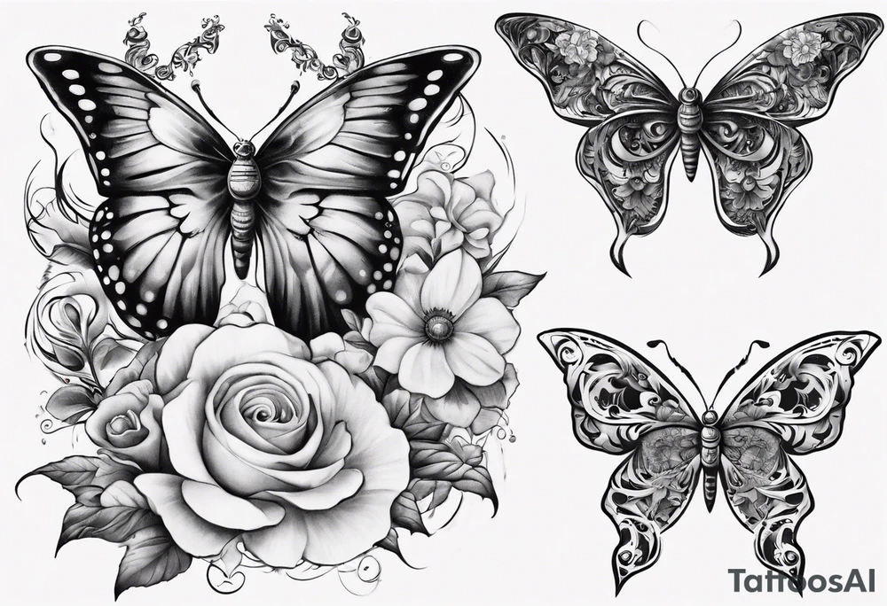 Butterfly wrap tattoos with large centre piece with moon and floral theme tattoo idea