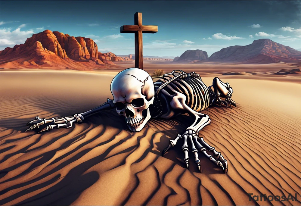 skeleton crawling towards a cross in a desert tattoo idea