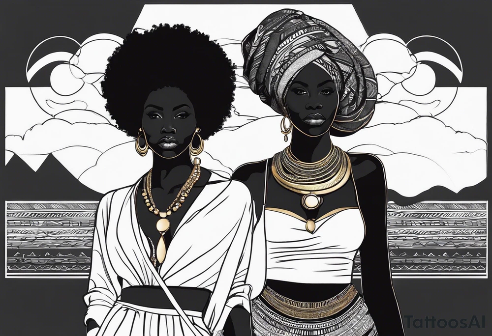 the outline of africa. Then covering the east/sourh east of Africa (because I am from Kenya malawi and eswatini), is a woman silhouette, or the face of a black woman with an Afro (all in outlines but perhaps her afro can be filled in) with a necklace on. The necklace is one of those gold ring stack necklaces that extend the neck tattoo idea