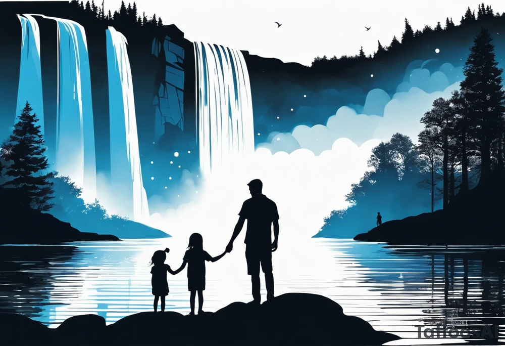Silhouette of father standing in between daughter and younger son in front of water with reflection and waterfall with the waterfall only being blue. Everything else black and white. 6 year old daughter on one side and 2 year old son on the other side of the father. Moon with reflection tattoo idea