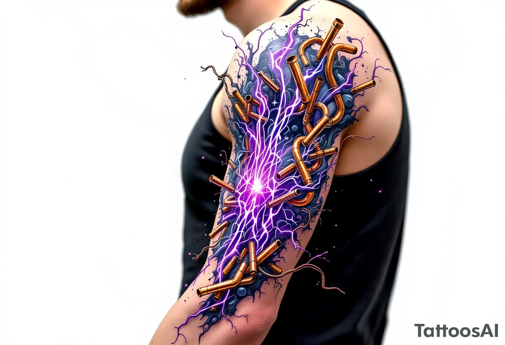 A vibrant design featuring copper tubes and violet plasma lines integrated into the skin’s anatomy. tattoo idea