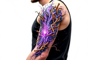 A vibrant design featuring copper tubes and violet plasma lines integrated into the skin’s anatomy. tattoo idea
