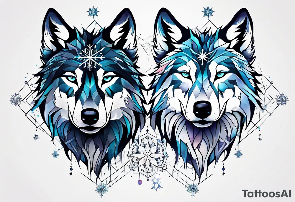 Constellation, two animal wolf, snowflake tattoo idea