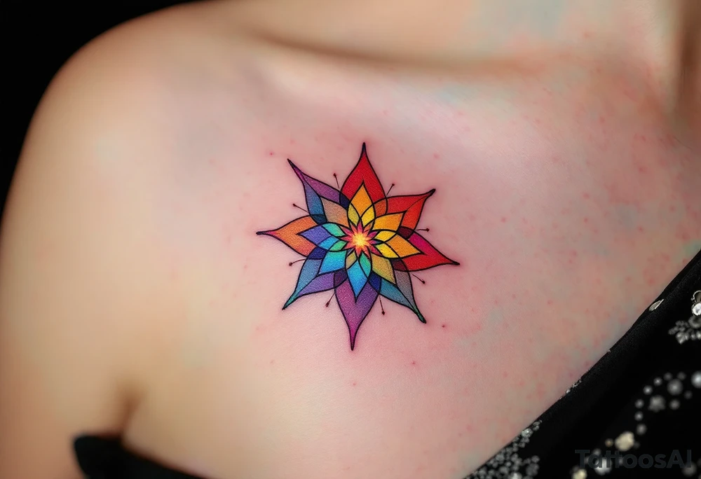 A rainbow-colored eight-pointed star tattoo celebrates inclusivity and universal love. tattoo idea