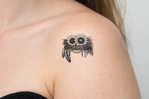 sunflowers with feathers and female Indian headband ribbon tattoo idea