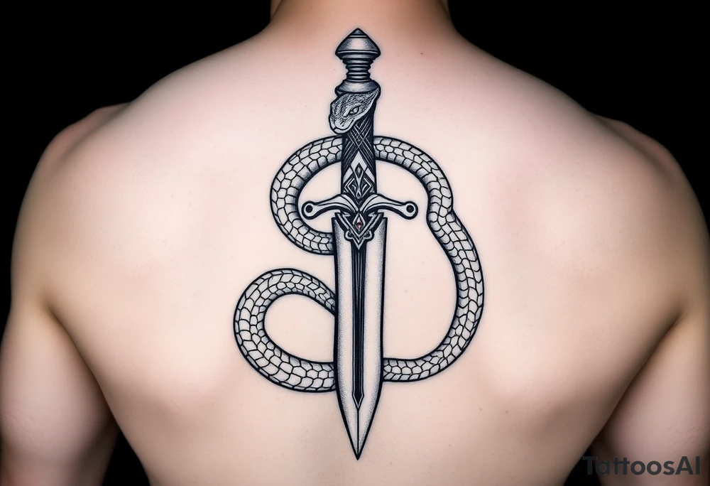 mystical snake coiled around an ancient dagger with jeweled hilt tattoo idea