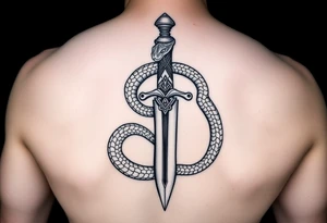 mystical snake coiled around an ancient dagger with jeweled hilt tattoo idea