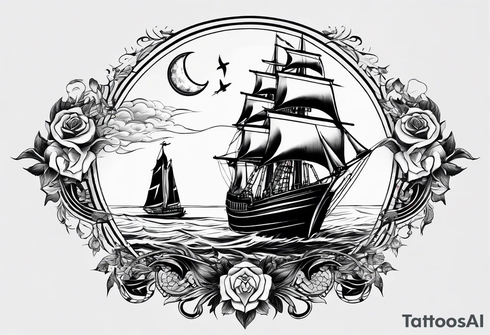 bateau, phare maritime, phoenix, rose des vents et lune bleu. tattoo idea