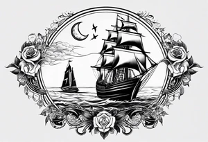 bateau, phare maritime, phoenix, rose des vents et lune bleu. tattoo idea