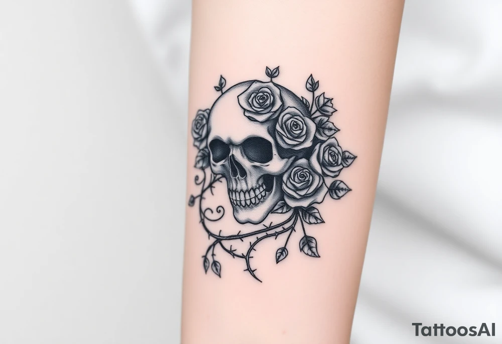 gothic skull intertwined with climbing roses and thorny vines tattoo idea