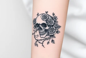 gothic skull intertwined with climbing roses and thorny vines tattoo idea