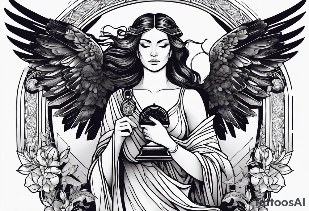 Imagine goddess Justitia with two wings, one angelic, one raven-like. She holds a scale. There is a banderole wrapped around her body with the expression „MEMENTO VIVERE“ on it. tattoo idea