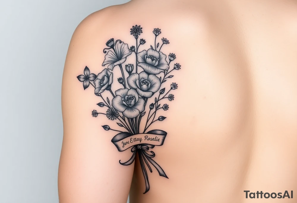 Half arm sleeve tattoo of 3 hollyhock flowers, one wild rose, 5 wild flowers in a bouquet with ribbon bow towards the bottom like the just got picked. On the ribbon include three names: June Etta, Roxy, Rosalie. Next the bouquet put a full realistic doctors stethoscope tattoo idea