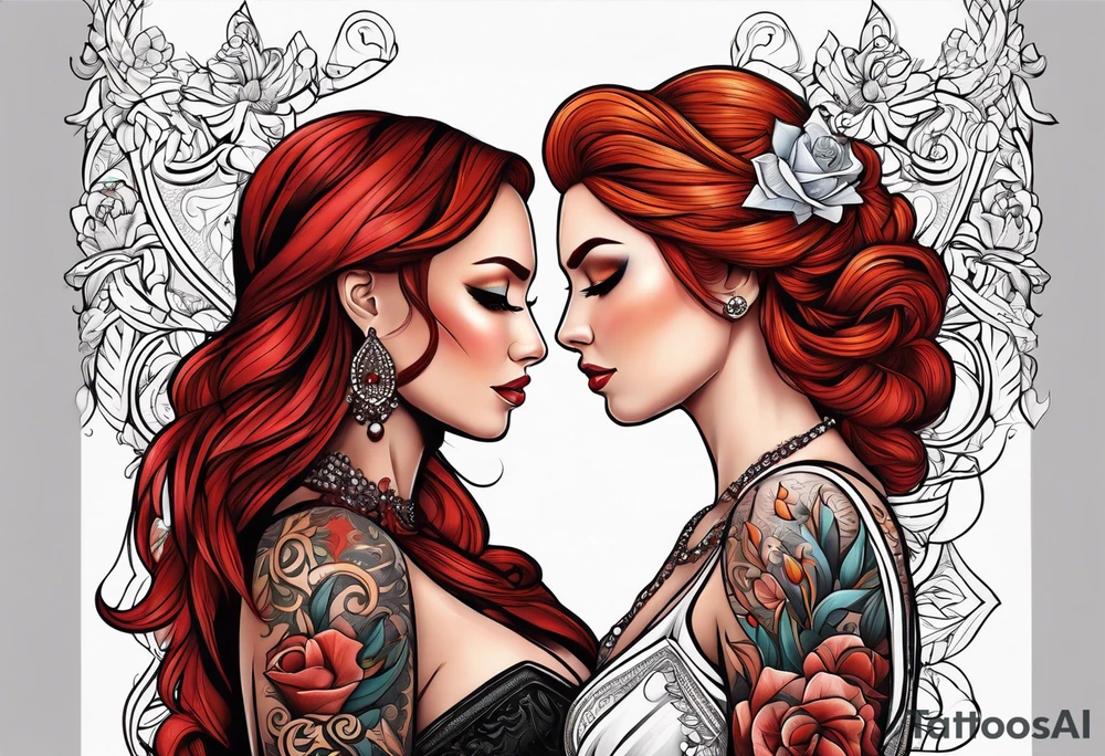 Busty red haired woman with a bearded man who has black hair getting married tattoo idea
