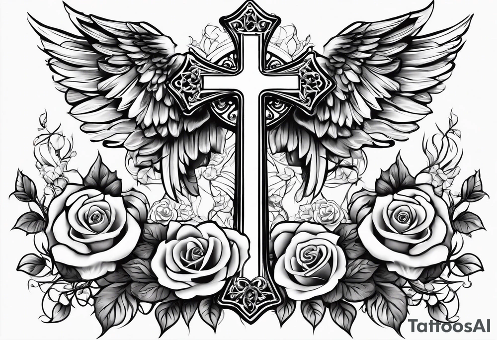 Cross with clouds wings roses tattoo idea