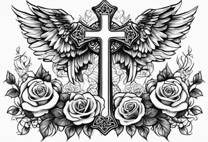 Cross with clouds wings roses tattoo idea
