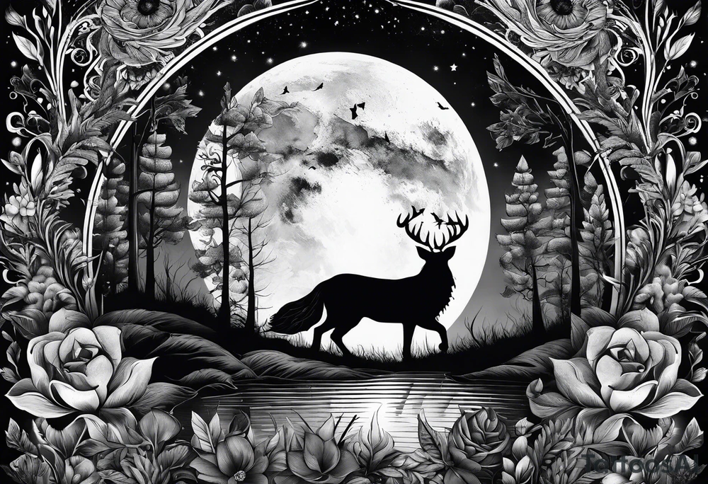 Lupo nella foresta con luna piena tattoo idea