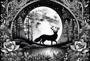 Lupo nella foresta con luna piena tattoo idea