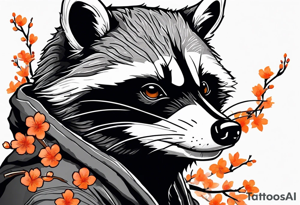Raccoon wearing a white Superman logo on a black hoodie and orange Japanese cherry blossoms tattoo idea