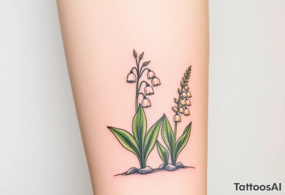 Small White lily in the valley bells growing next to other different colored lilie plants planted 
Under a blooming hawthorn tree tattoo idea