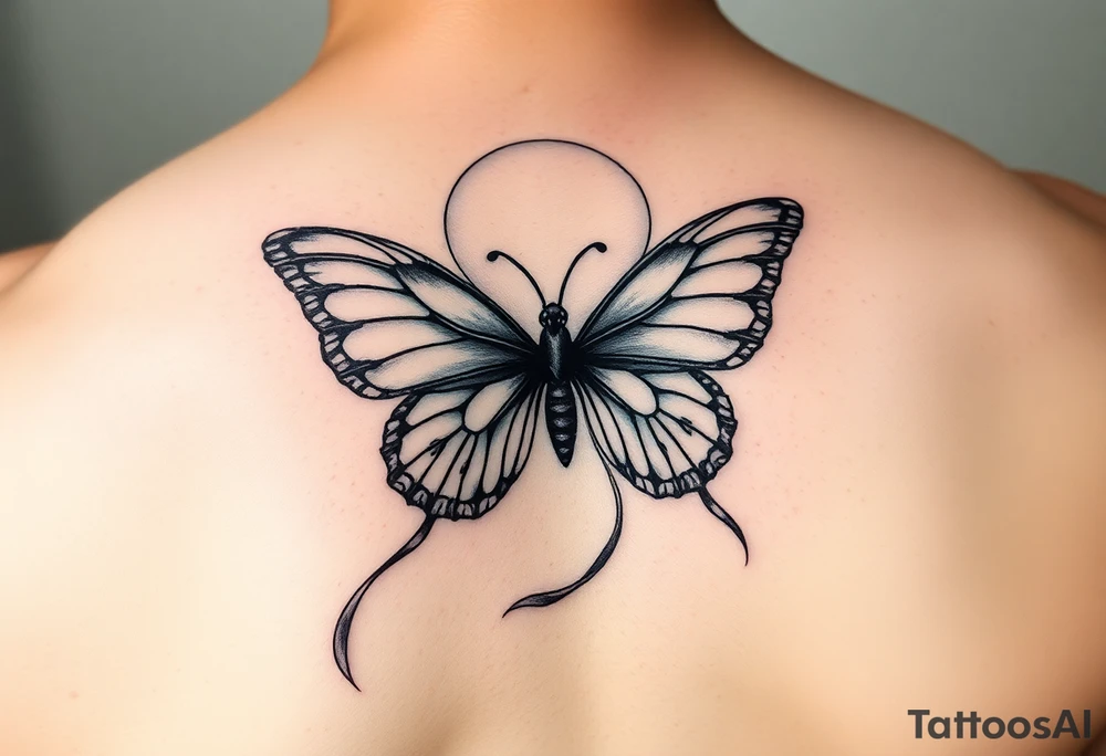 ethereal butterfly with flowing silk ribbons in moonlight tattoo idea
