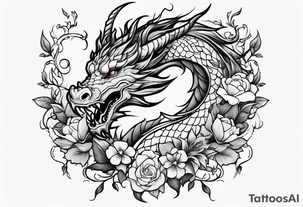 Fantasy dragon on forearm with vines and flowers tattoo idea