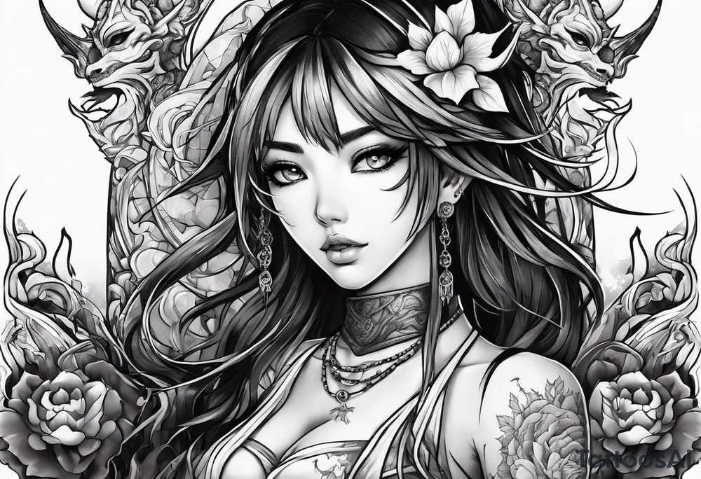 a bleeding anime girl surrounded by an asian gargoyle tattoo idea