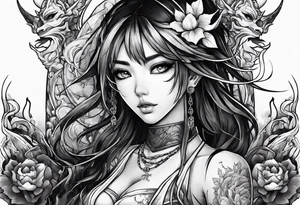 a bleeding anime girl surrounded by an asian gargoyle tattoo idea