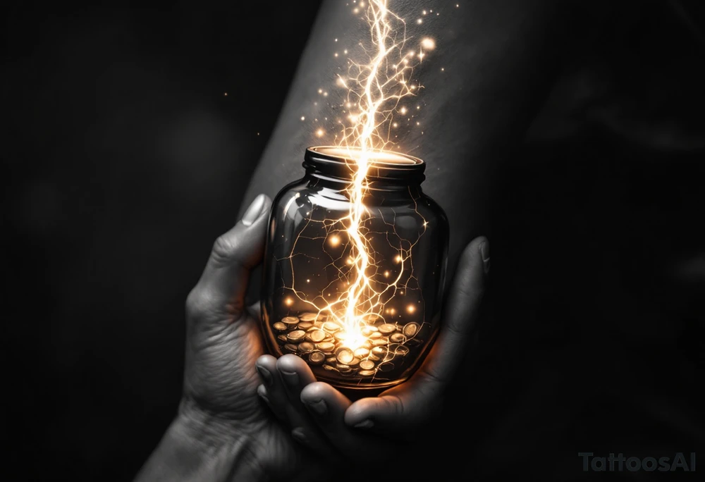 A black and white tattoo that captures both the fragility of the jar and the treasure inside can be incredibly symbolic. Here’s a refined concept that integrates both elements:

Cracked Jar with Glowing Treasure Inside:
- The Jar: The main design can be a clay jar, slightly cracked, representing human fragility.
- The Cracks: From the cracks in the jar, light pours out—symbolizing the divine treasure (God’s power) within. You can emphasize the cracks with golden lines (like kintsugi) to show that even in brokenness, there is beauty.
- The Treasure: Inside the jar, you could depict glowing treasures, such as gold coins, a radiant heart, or even spiritual symbols like a cross, a dove, or a light-filled crown. The treasure doesn’t have to be too literal—just enough to show that what’s inside is precious and divine.

### Additional Elements:
- Hands Holding the Jar: To further emphasize fragility and care, you could add divine or human hands gently holding the jar, symbolizing protection despite its weakness.
- Scriptural Reference: Around or beneath the jar, you could include "2 Corinthians 4:7" in a graceful script to anchor the design in its biblical meaning.
  
This concept unites the theme of human fragility and God's power, using the cracked jar as the vessel that reveals the treasure within. tattoo idea