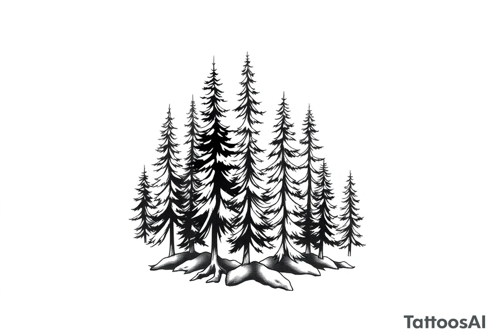 Coniferous forest trees in blackvand gray tattoo sleeve tattoo idea