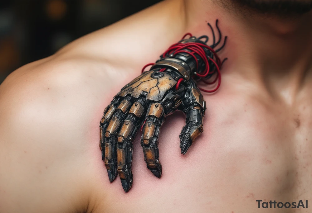 A biomech hand built from rusted iron plates and crimson wires, emerging from beneath cracked human skin. tattoo idea