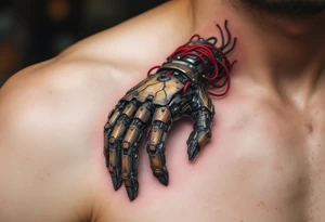 A biomech hand built from rusted iron plates and crimson wires, emerging from beneath cracked human skin. tattoo idea