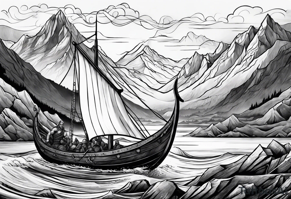 Viking in a boat flying over mountains tattoo idea