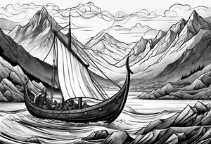 Viking in a boat flying over mountains tattoo idea