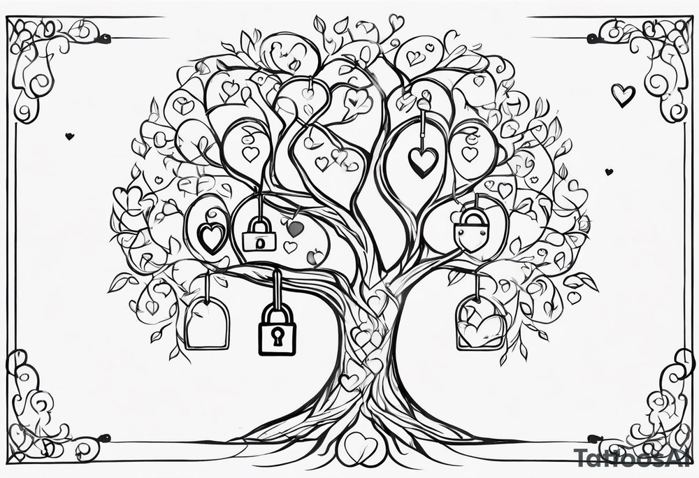 Family tree with lock and hearts with places to put names tattoo idea