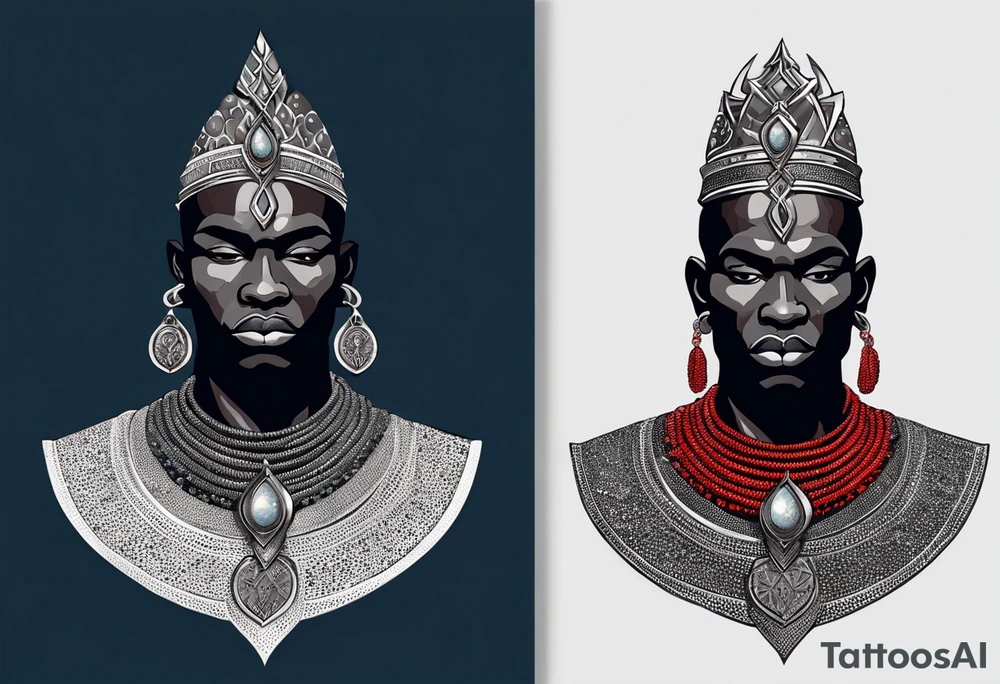 An african god, a bald black-skinned warrior, that uses a sword and a silver crown. He also uses blue and red necklaces tattoo idea