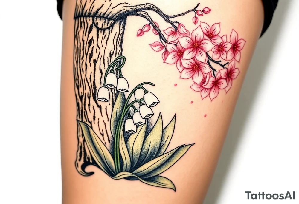 White lily in the valley bells growing  next to the trunk of a cherry blossom tree that's blooming tattoo idea