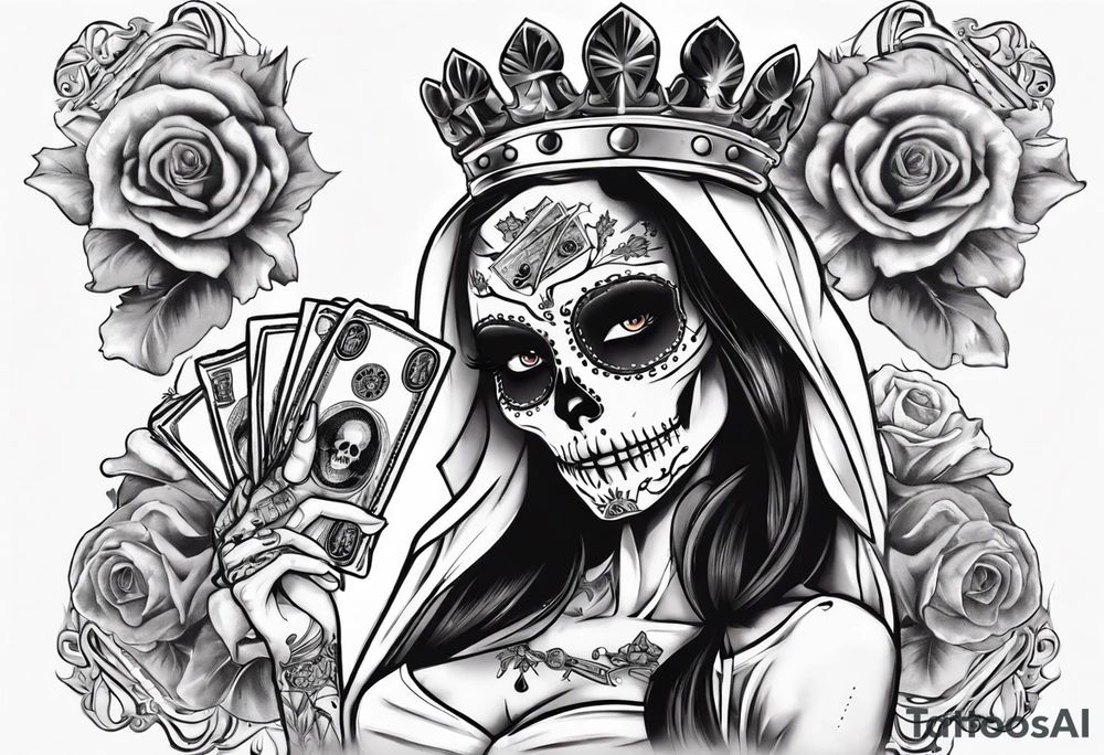 santa la muerta with money and crown
on the card tattoo idea