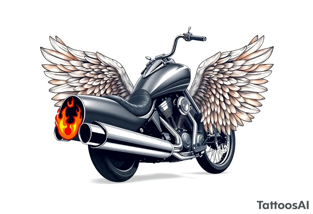 Low rider grey motorcycle, big muffler pipes with flames, angel wings tattoo idea