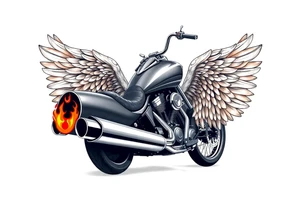 Low rider grey motorcycle, big muffler pipes with flames, angel wings tattoo idea