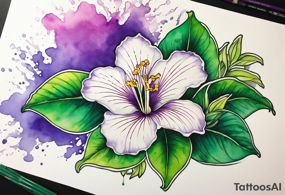 An outline of an only green rio dipladenia flower and a green/purple watercolor splash in the background tattoo idea