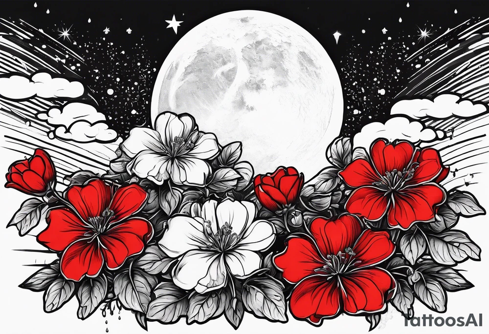 Scarlet geraniums rain with a crescent moon behind tattoo idea