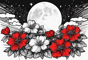 Scarlet geraniums rain with a crescent moon behind tattoo idea