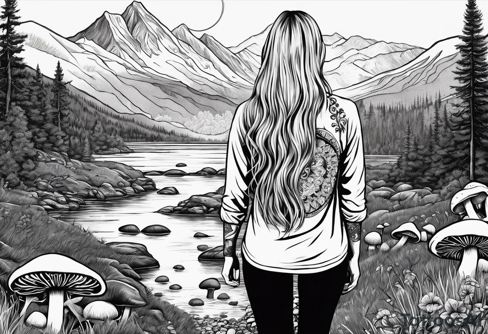 Whole picture encircled fully

Straight long blonde hair hippie girl in distance holding mushrooms in hand facing away toward mountains and creek surrounded by mushrooms long sleeve shirt and hiking pants; whole rendering within a full circle, no cut off circle tattoo idea