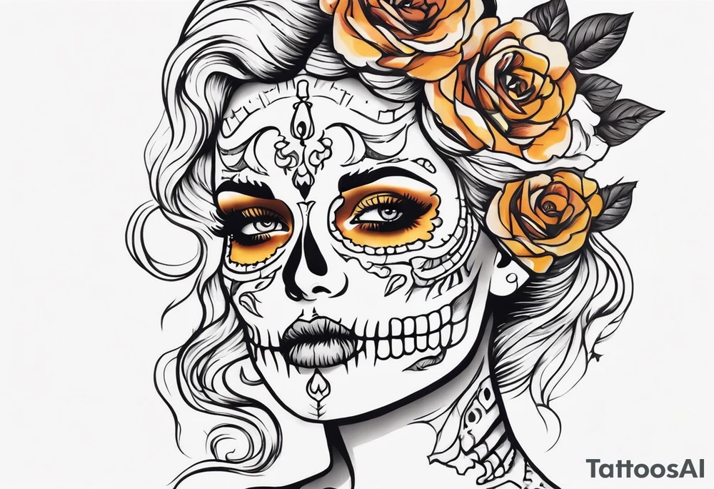 Skeleton coming out of woman’s face tattoo idea